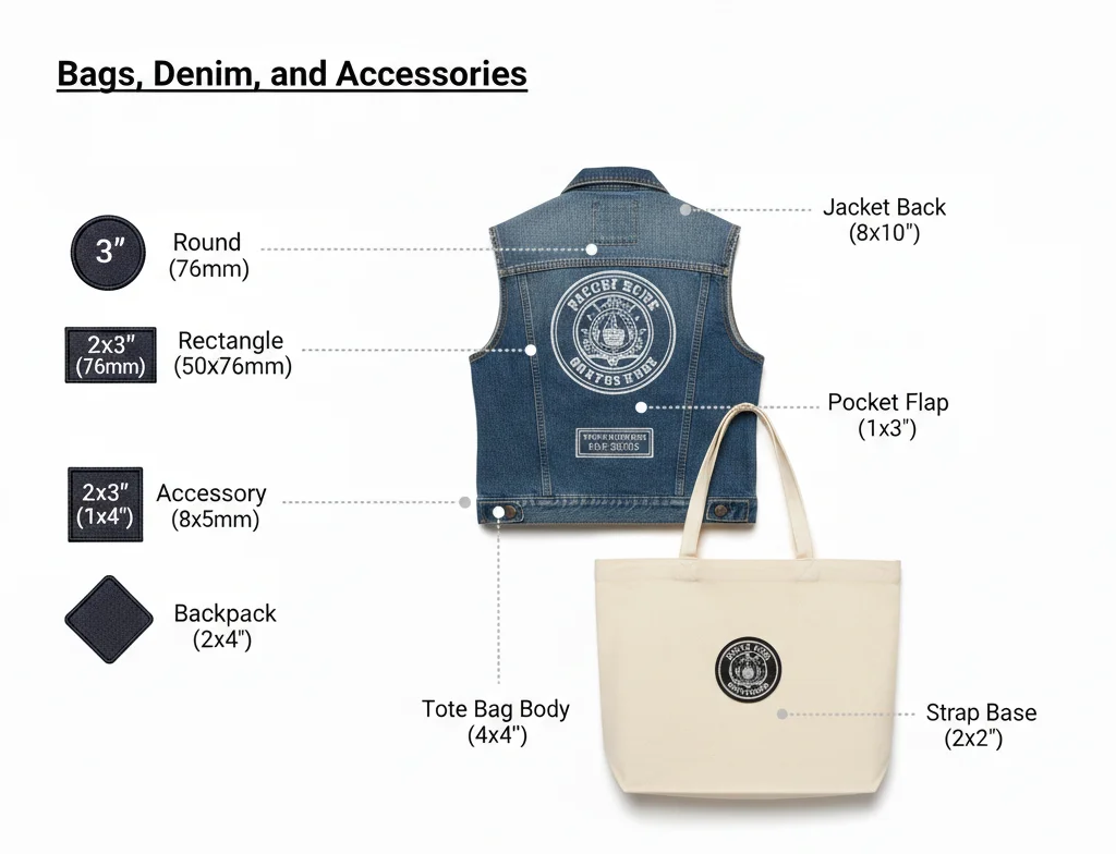 Bags, Denim, and Accessories sizes and placement guide